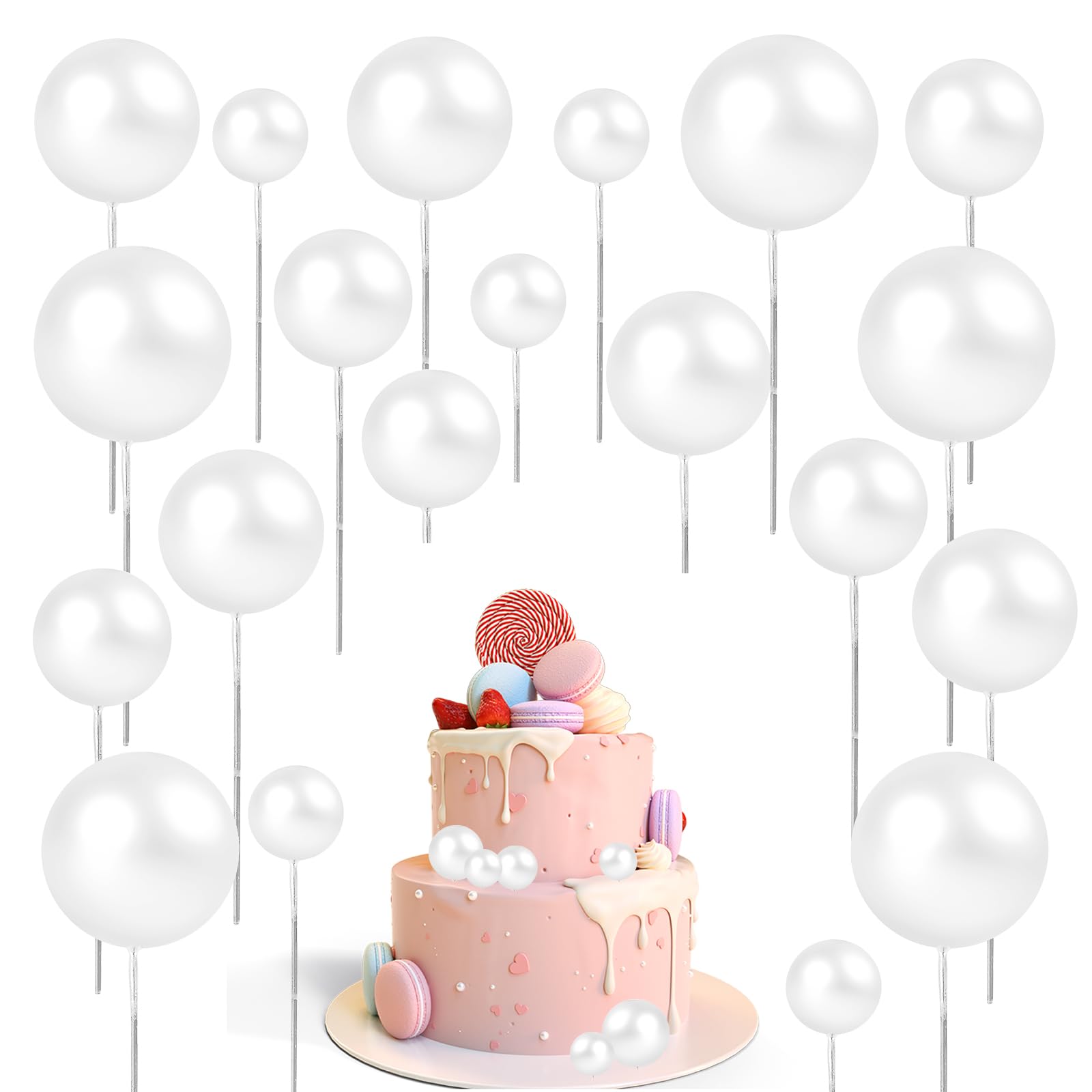 Photo 1 of 20 Pcs White Ball Cake Toppers Mini Balloons Cake Topper Sticks White Cakes Balls Decorations Foam Balls for Cakes Decorating Picks Insert Topper for Wedding Birthday Decoration Supplies