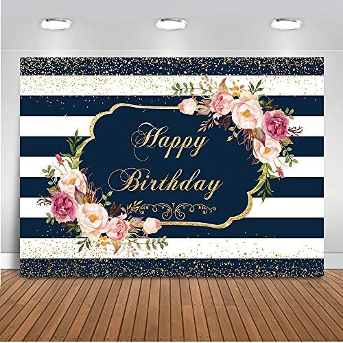 Mocsicka 花柄ストライプ 誕生日パーティーデコレーション 女の子の誕生日パーティー背景幕 5x3フィート ビニールホワイトストライプ フラワーバースデーパーティーバナー用品 Masqueboutique Com