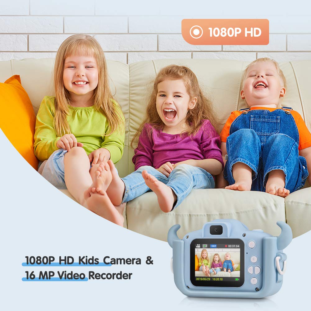 Enow Kids Camera, 16MP 1080P HD Child Digital Video Rechargeable Cameras Toys with Soft Silicone Shockproof Shell for Age 3-14 Boys Girls Outdoor Play, Mini Cartoon Blue (32GB Memory Card Included)