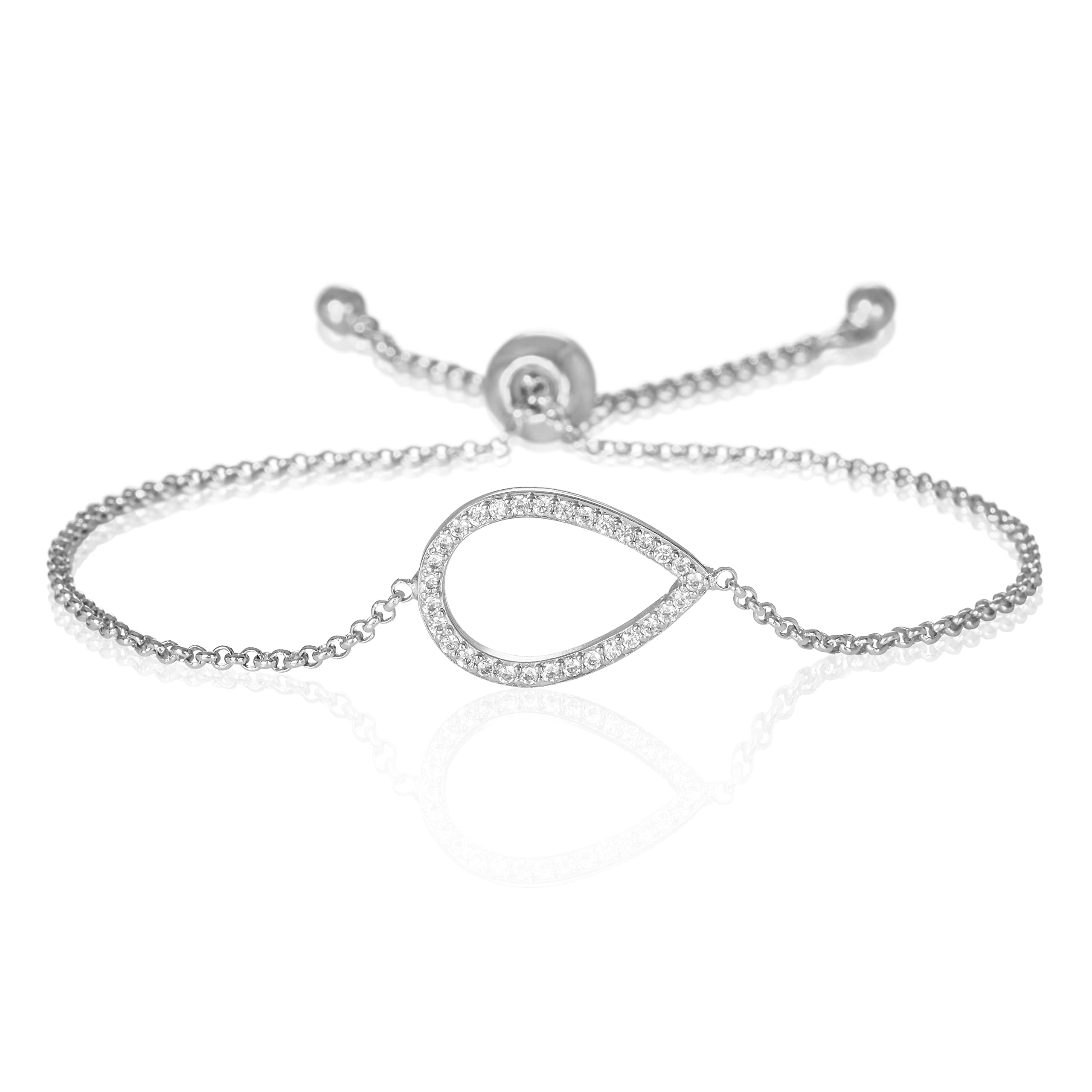 namana Pear Bracelet with Cubic Zirconia. 18 Carat Rose Gold Plated or Fine Silver Coloured Bracelet for Women. Pear Adjustable Bracelet with Gift Box (Silver, Rhodium Plated Base Metal)