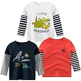 VZF Toddler Boys Color Block Long Sleeve Shirts 3-Pack Cotton Dinosaur&Car Print Boy's T-Shirts Spring/Fall for 18M-9Y