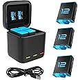 REYGEAK Battery Charger for GoPro Hero 12/11/10/9 Black, Portable Charger 3-Channel Battery Charging Storage 3 Pack Rechargeable Hero 9/10/11/12 Batteries (Charger + 3 x Batteries)