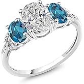 Gem Stone King 10K White Gold White IGI Certified Lab Grown Diamond and London Blue Topaz 3-Stone Engagement Ring For Women | 2.76 Cttw | Center 1.5 Ct Diamond | E-F Color | VS1-VS2 Clarity