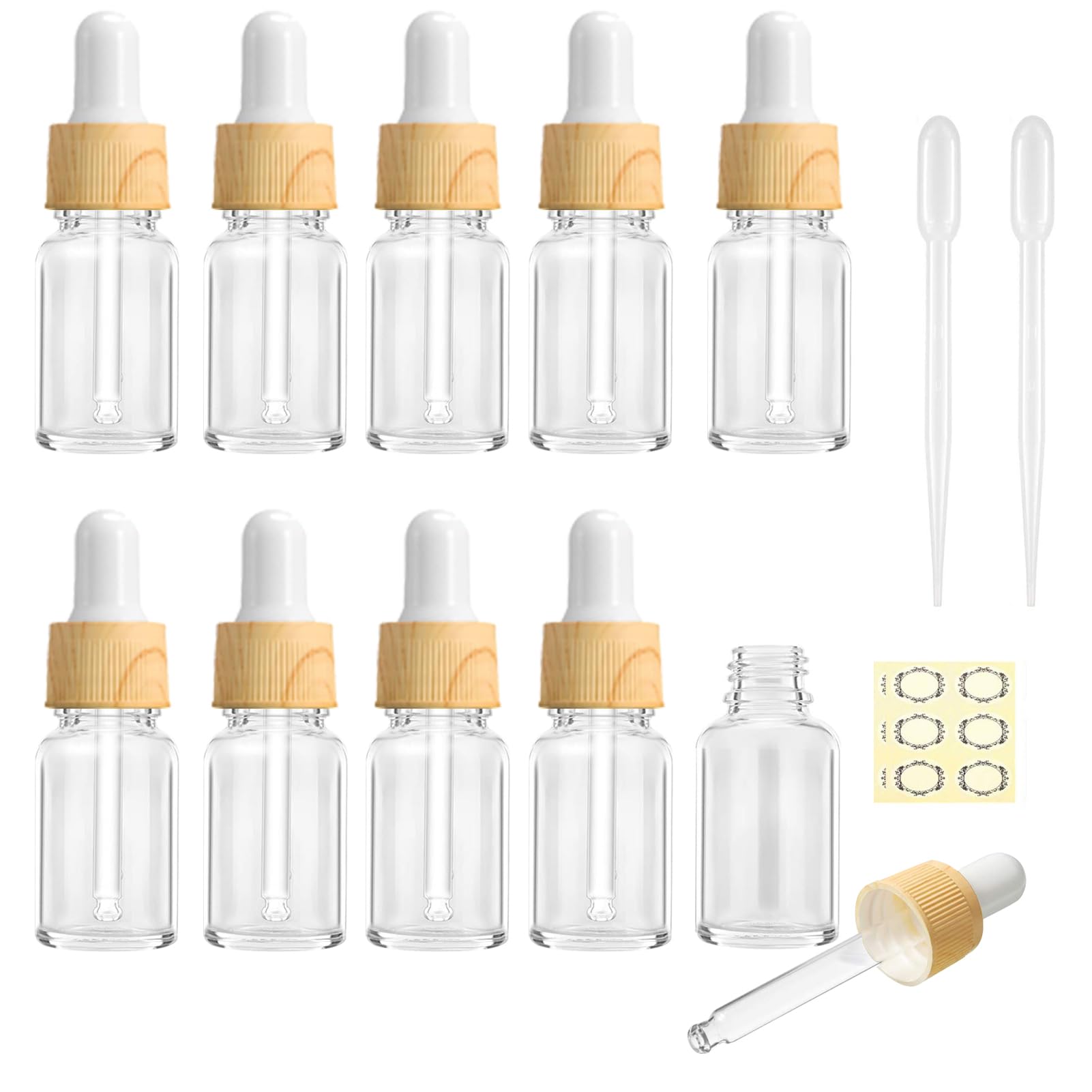 JamHooDirect 10Pcs, 10ml Clear Glass Bottles with Dropper Pipettes, Mini Empty Dropper Bottles with Wood Grain Plastic Cap Refillable Sample Container for Essential Massage oils/Chemical Liquid