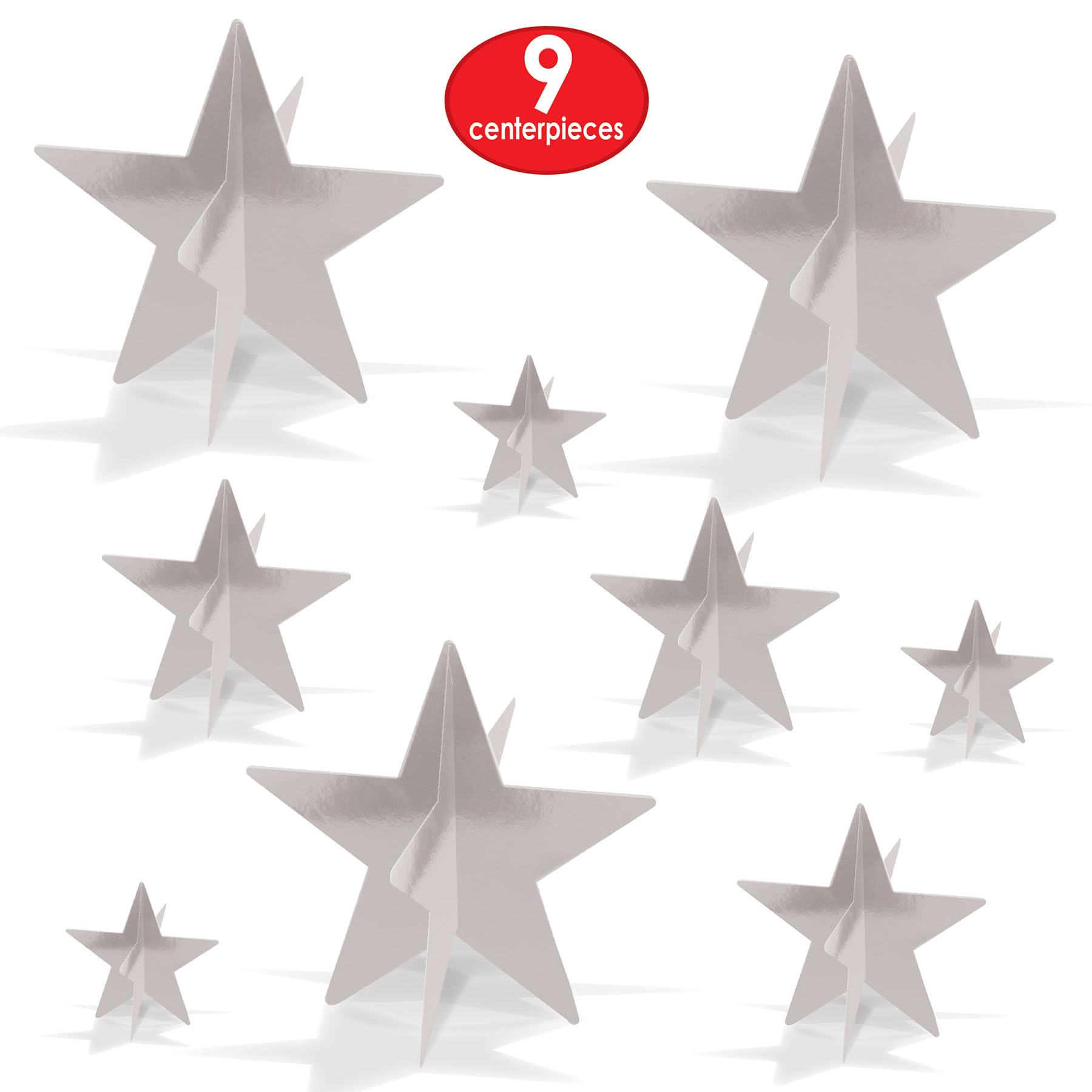 Beistle 3-D Foil Silver Star Centerpieces in 3 Sizes, Set of 9 - Space Themed, Awards Night Table Decor, Classroom Parties