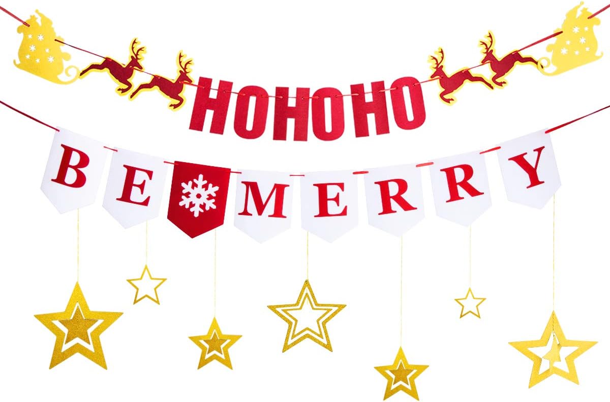 Be Merry Banner (Assembled) Santa Garland Christmas Decoration Felt Sign Garland Bunting, Indoor Outdoor X-Mas Decorations for Fireplace Office Windows Kids Christmas Tree
