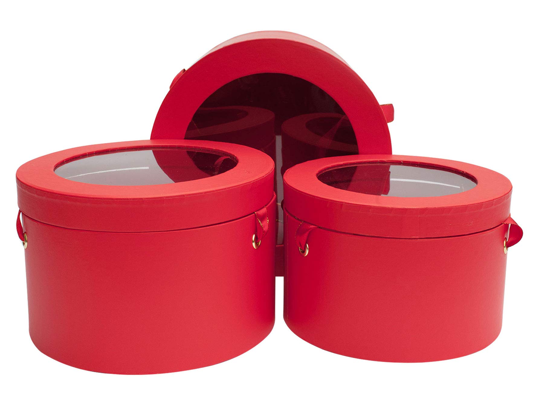 Emartbuy Set of 3 Rigid Luxury Round Presentation Flower Gift Box, Red Print with Transparent Top, Double Layer Interior and Red and Gold Satin Ribbon Handles
