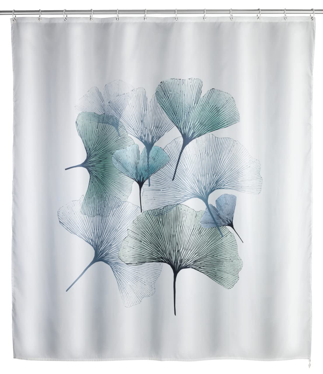 WENKO Ginkgo Anti-Mould Shower Curtain, Textile Curtain with Anti-Mould Effect for Bathroom, Washable, Water Repellent, with Rings for Attaching to the Shower Rail, 180 x 200 cm