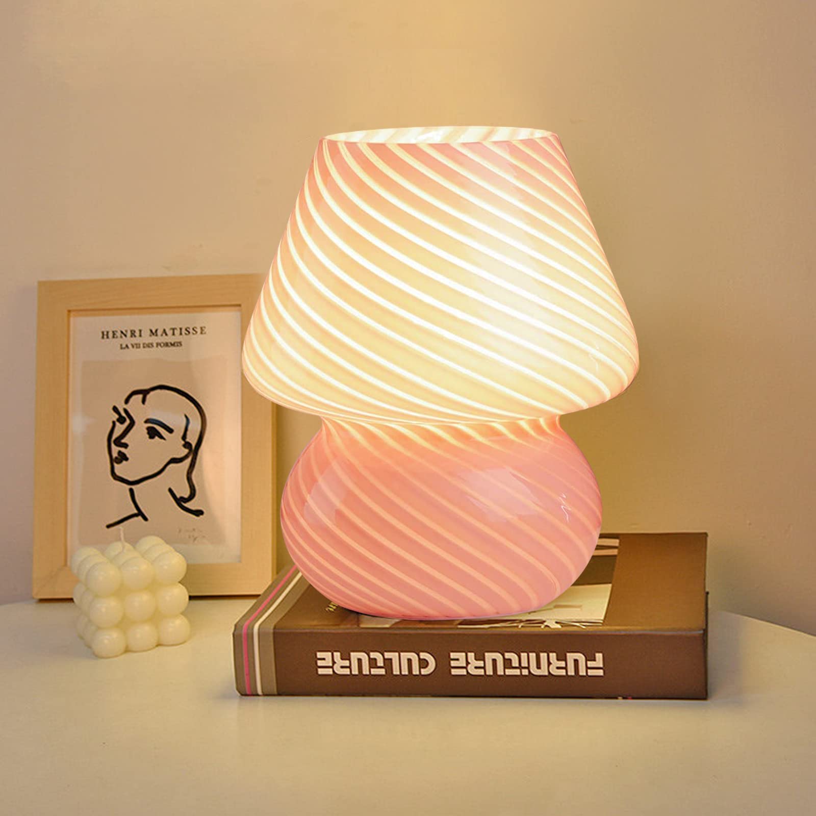 MLOQI Mushroom Table Lamp Aesthetic Glass Room Decor, Cute Night Light (Pink)