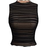 SOLY HUX Women's Sheer Mesh Crop Tank Top Sleeveless Mock Neck Ruched Shirts Date Night Tops