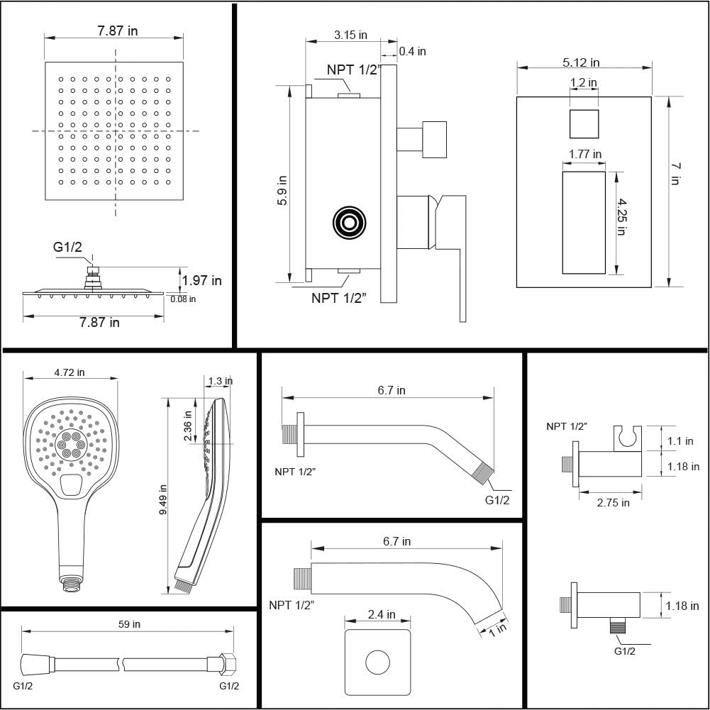 POP Bathtub Shower Faucet Set Matte Black Shower System with Tub Spout 8 Inch Wall Mounted Bathroom Rainfall Shower Head Set with Handheld Shower Combo Set (Contain Rough-in Valve Body and Trim) - - 