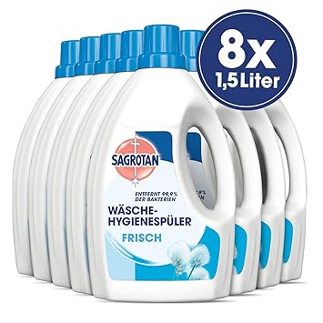 Sagrotan Wäsche-Hygienespüler Frisch – Desinfektionsspüler für hygienisch saubere und frische Wäsche – 8 x 1,5 l Reiniger im 