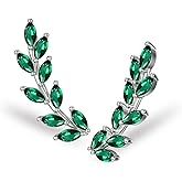 Shusukue Leaf Ear Climber Earrings for Women 925 Sterling Silver Green Emerald Ear Crawler Earrings May Birthstone Jewelry Gifts
