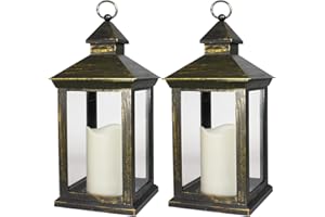 Bright Zeal 2-PACK 14 Inch Vintage Decorative Candle Lanterns With Timer - IP44 Waterproof Distressed Gold Decorative Outdoor Lanterns Battery Powered - Hanging Decorative Lanterns For Wedding Indoors