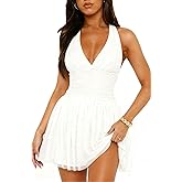 Nsbonu Womens Halter Mesh Short Dress V-Neck Ruffle Sleeveless Club Party HOCO Lace Mini Dresses