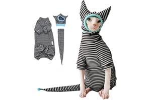 SNIXFEVER Sphynx Cat Clothes Black Stripe Breathable Shirts Suit, Pet Hat and Shirt Set (Small)