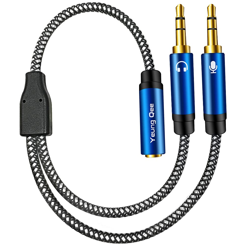Yeung Qee Headphone Mic Splitter CTIA Standard 3.5mm Female to 2 Dual 3.5mm Jack Male Microphone Audio Y Splitter Adapter Cable Compatible with PC,Laptop Desktop, Gaming Headset, Speaker (blue,30cm)