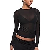 INLYRIC Women's Cosnufy Mesh Sheer Long Sleeve Tops See Through Crew Neck Going Out Tops Trendy Sexy Shirts