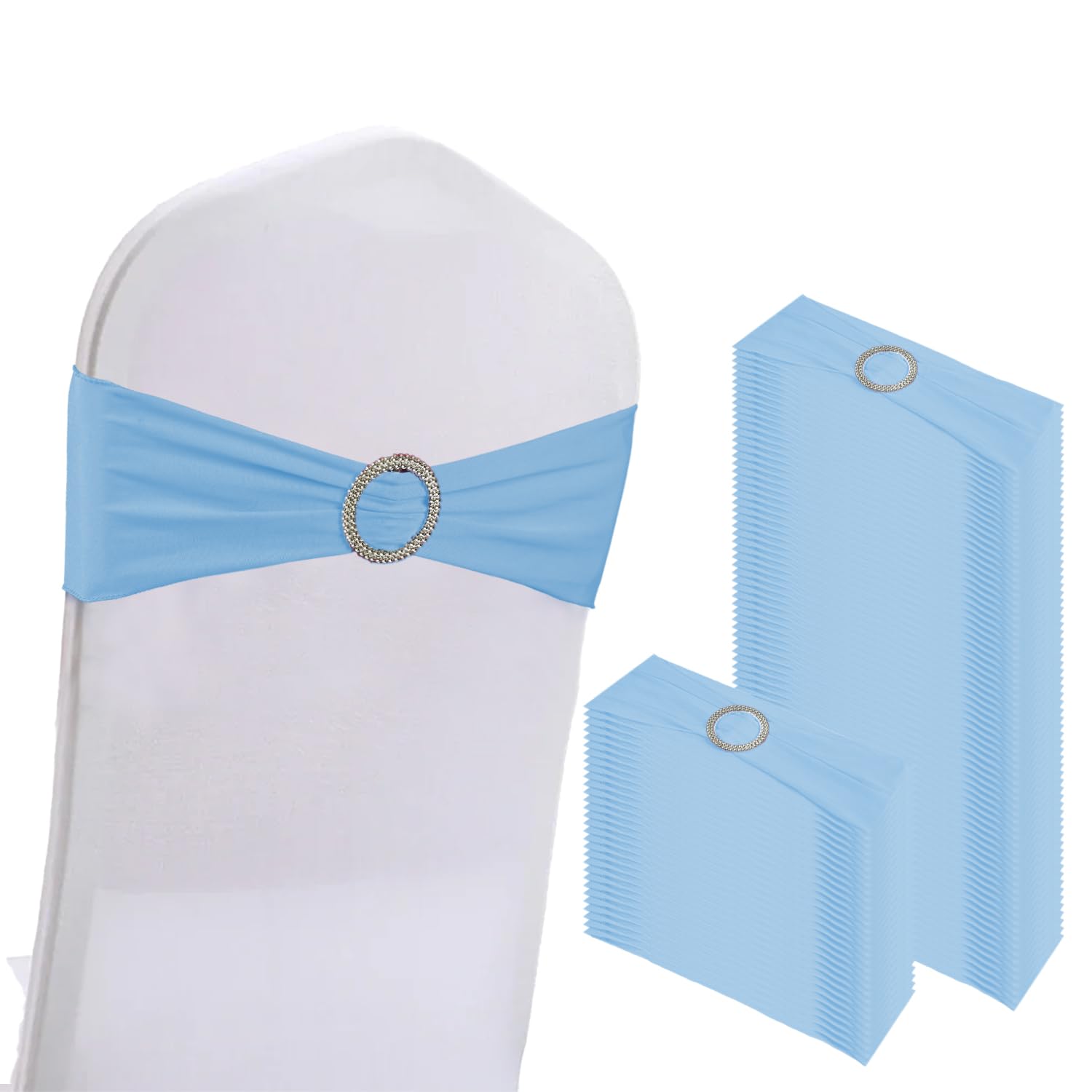Photo 1 of WJWHQ 100PCS Spandex Stretch Chair Sashes Bows Elastic Chair Cover Bands Ties with Buckle Slider for Wedding Party Reception Events Universal Ceremony Banquet Decorations(Baby Blue)