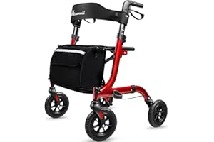 Henmnii Rollator Walker for Seniors, Lightweight Foldable All Terrain Rolling Walker with seat, Aluminum Walkers with 8 inch Rubber Wheels, Handles and Backrest for Seniors and Adult