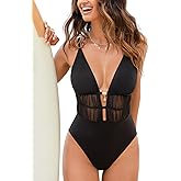 CUPSHE Women's One Piece Swimsuit Deep V Neck Bathing Suit Back Self Tie Mesh Ruching Adjustable Straps