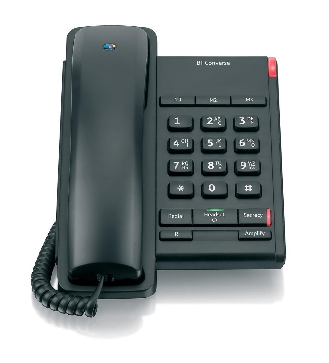 BT Converse 2100 Corded Landline House Phone, Home Phone, 3 Quick Dial Buttons, Headset Socket, Black