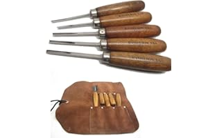 UJ RAMELSON CO Gunstock Gunsmith Woodcarving V & U Chisel Carving set for Checkering and Restoration (5 Piece with Leather Tool Roll Holder)