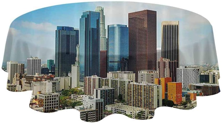shirlyhome Apartment Decor Collection Tablecloth Los Angeles Cityscape on a Sunny Day Colorful Office Buildings Streets Scene Waterproof Fabric Table Cloth Orange Blue Brown (Diameter 36")