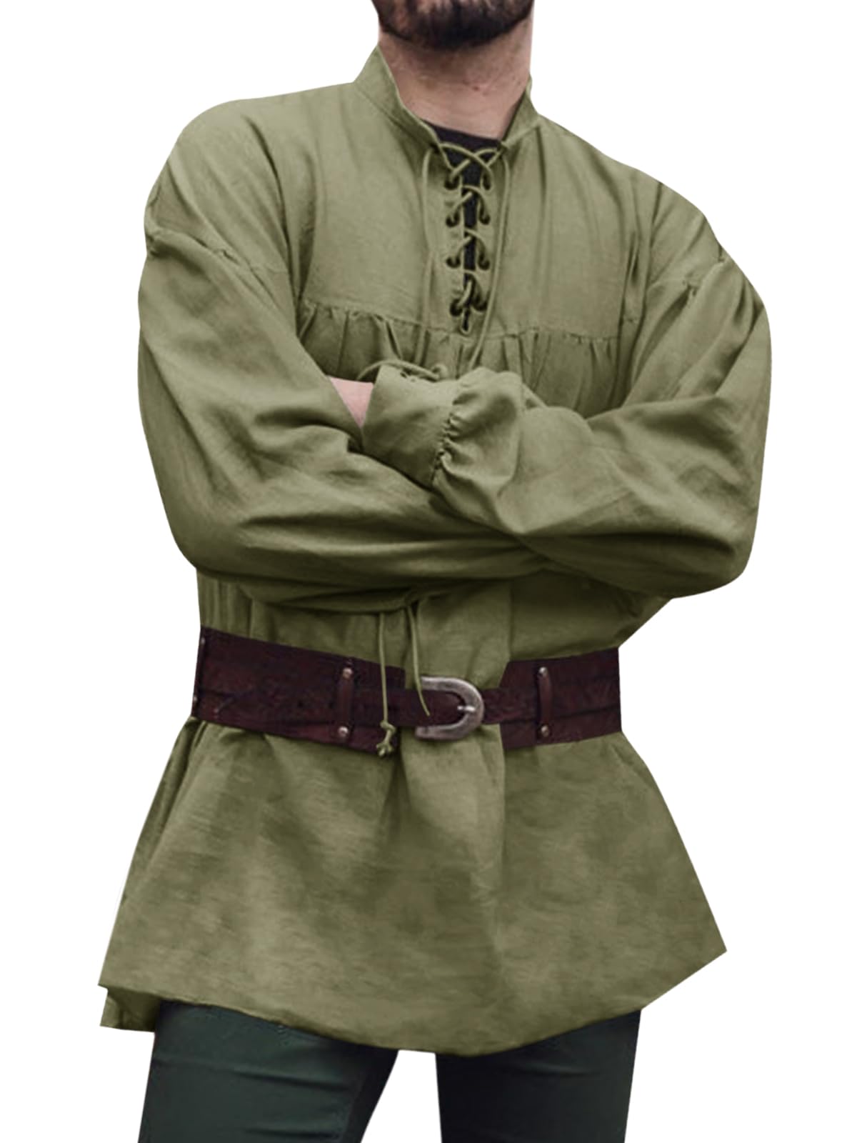 Runcati Mens Medieval Shirt Long Sleeve Steampunk Wiking Renaissance Viktorian Halloween Costume Shirt Top, army green, XXL