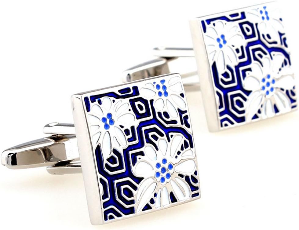 Royal Oriental Collection Classic Cloisonne Cufflinks Imperial Enamel White and Blue Flower Sleeve Button