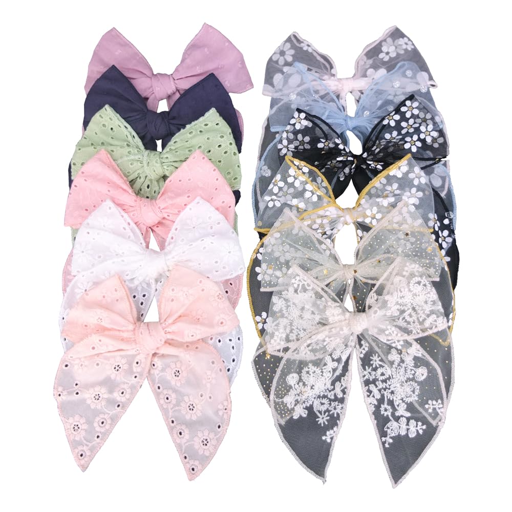 Lightweight Tulle Fable Bow Hair Clips Baby Girls Women Lace Hair Bow Barrettes Large Sailor Hair Bows Accessories (Tulle 12 Pack)