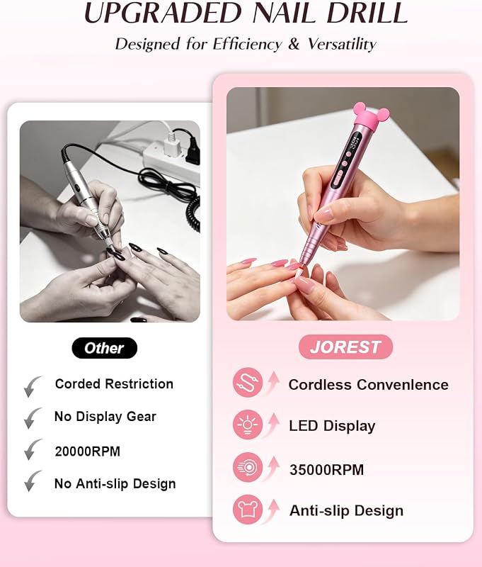 Furadeira profissional 13 em 1, lima elétrica, 35000rpm, 6 velocidades ajustáveis, conjunto de manicure, pedicure para pés, polidor, broca em gel Unhas, removedor de cutículas, manicure, rosa — foto 3 de 8