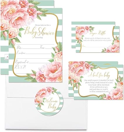 Download Amazon Com Deluxe Aqua Peony Watercolor Floral Baby Shower Party Bundle Includes 20 Each Of 5 X7 Fill In Invitations Diaper Raffle Tickets Bring A Book Cards 2 Thank You Party Favor