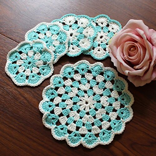 THELUSIS 5pcs Set Handmade Crochet Cotton Lace Round Table Place Mats Doilies Blue/White Coaster Collectible Coffee Table Pad