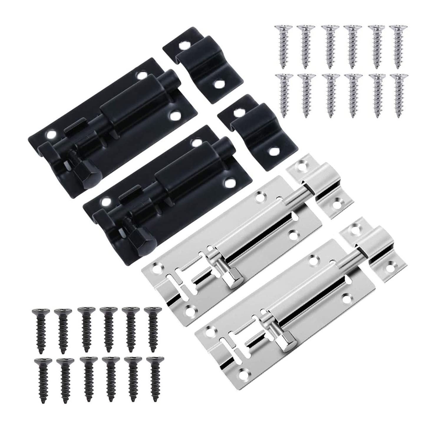 4 Pieces Stainless Steel Sliding Lock, Barrel Bolt Latch, Door Barrel Lock Bolt, 2 Inch Stainless Steel Door Lock Bolt with Screws for Bedroom, Bathroom, Toilet, Shelf (Black, Silver)