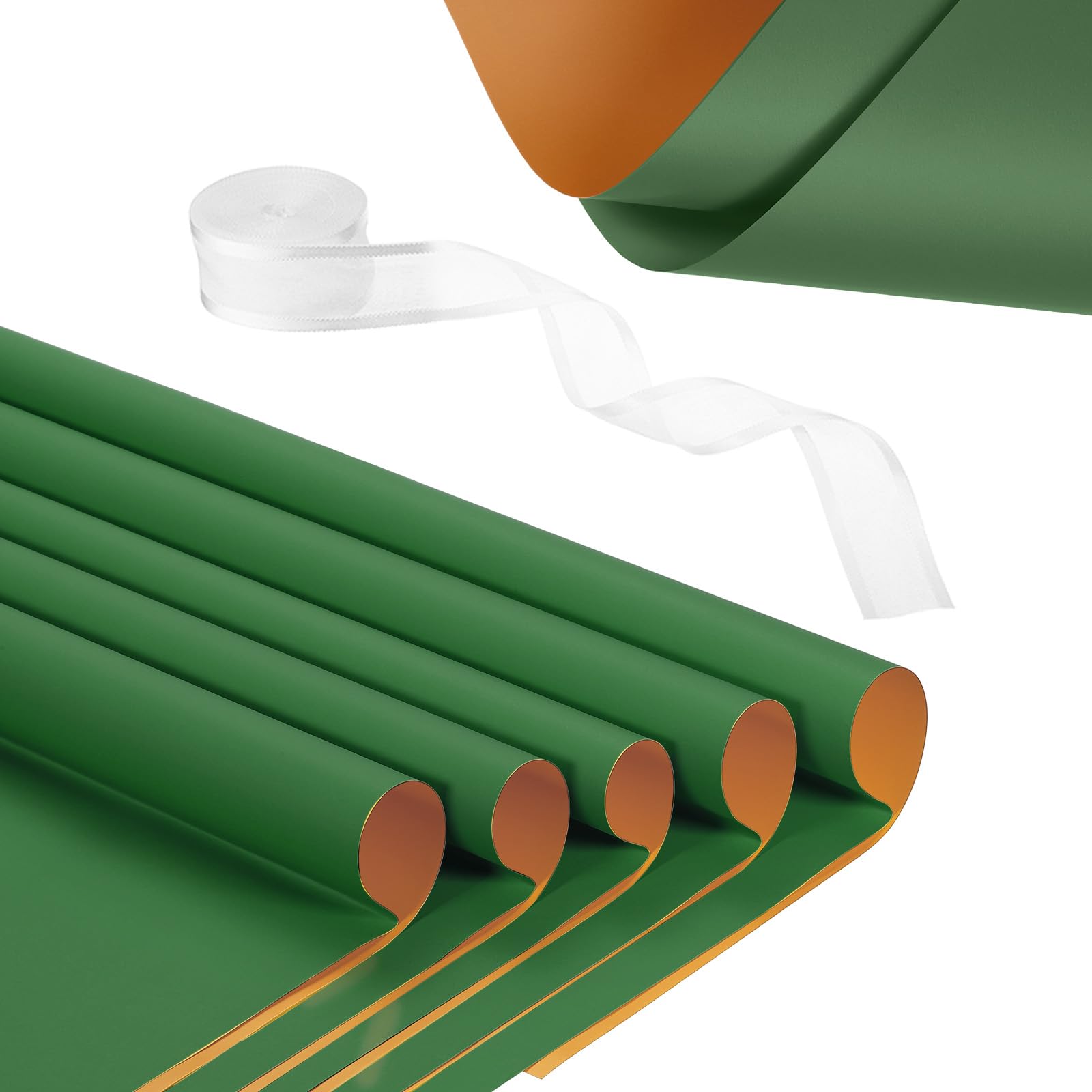 PATIKIL 20 Sheets Flower Wrapping Paper, Waterproof Flower Paper Wraps with Ribbon Floral Bouquet Supplies for DIY Crafts Packaging Bouquet, 22.8x22.8 Inch, Grass Green/Orange