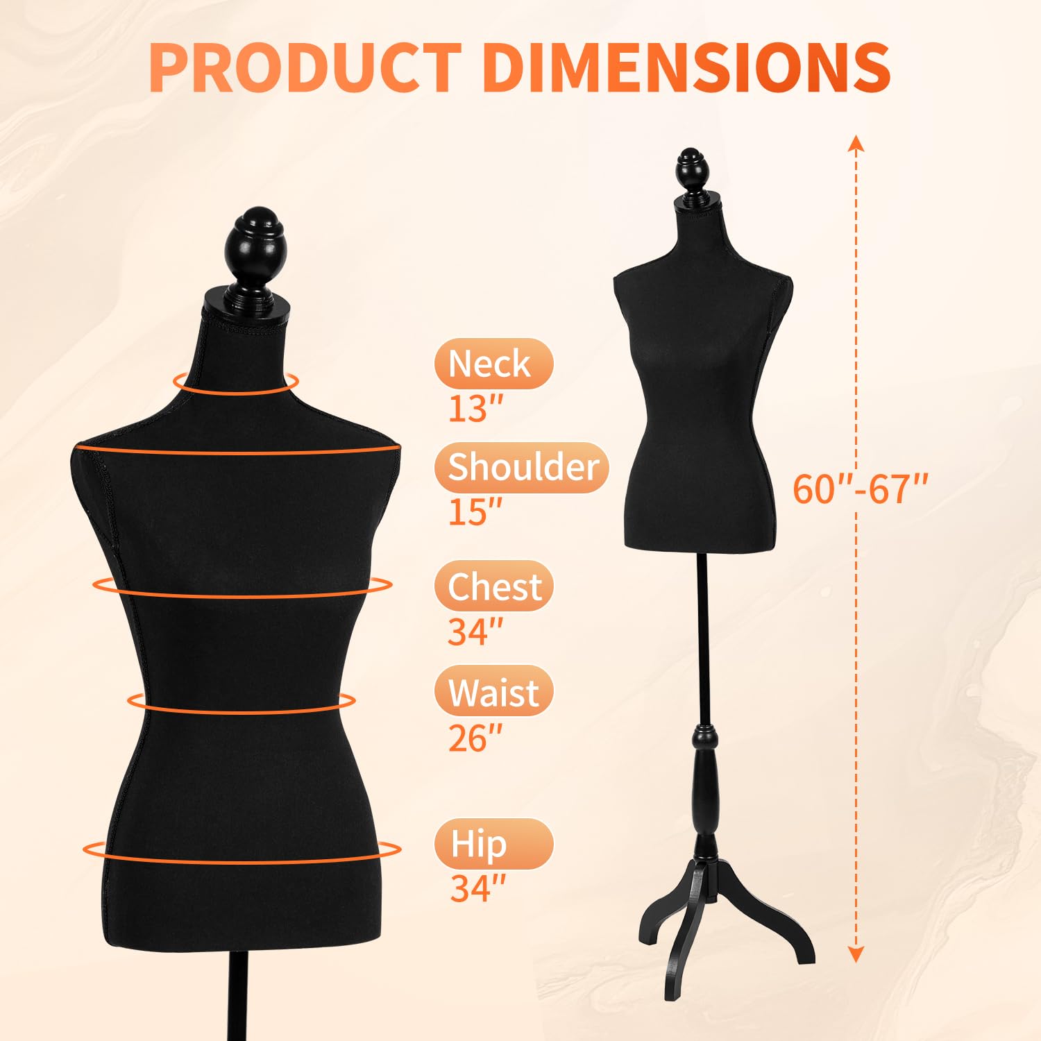 FDW Manikin 60”-67”Height Adjustable Female Dress Model Display Torso Body Tripod Stand Clothing Forms (Black)
