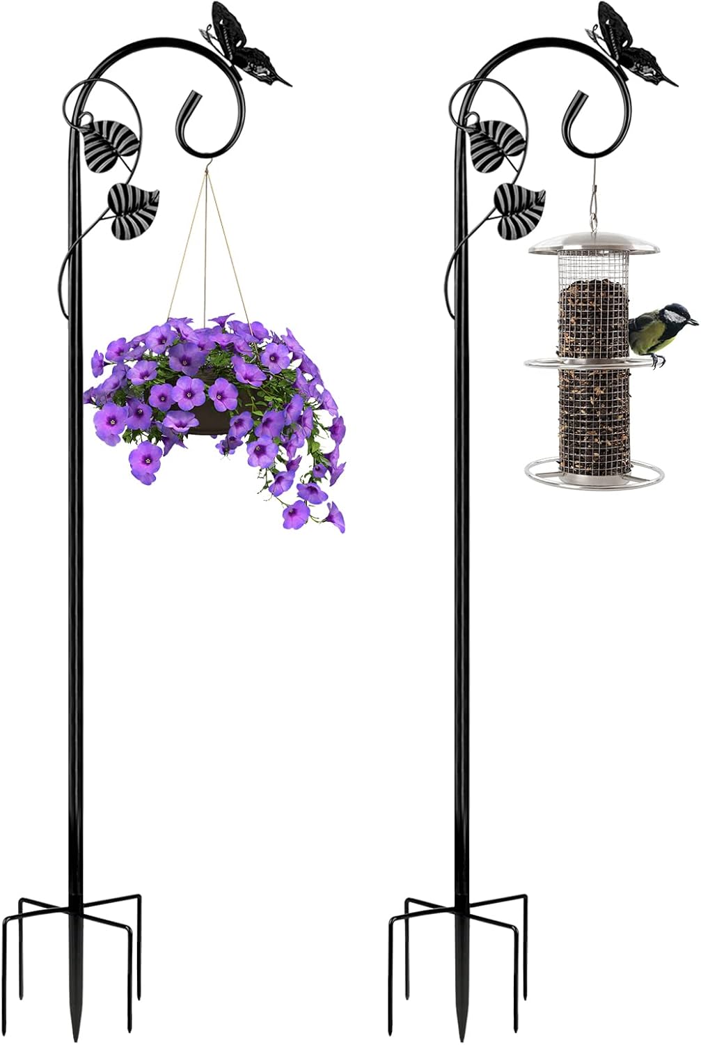 Outdoor Shepherd's Hooks - Art Elf Shepherds Hooks for Outdoor Hummingbird Bird Feeder Pole Hanger 67 Inches with 5 Prongs Base Stainless Metal Adjustable Garden Hanging Holder Weddings Garden Decor Butterfly 2-Pack Black