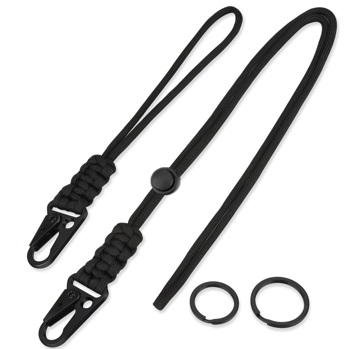 HONZUEN Paracord Lanyard - 2PCS Phone Lanyard, Adjustable Black Key Necklace with HK Clip, ID Card Holder for Office, Whistle Strap for Outdoor Hiking, Camping