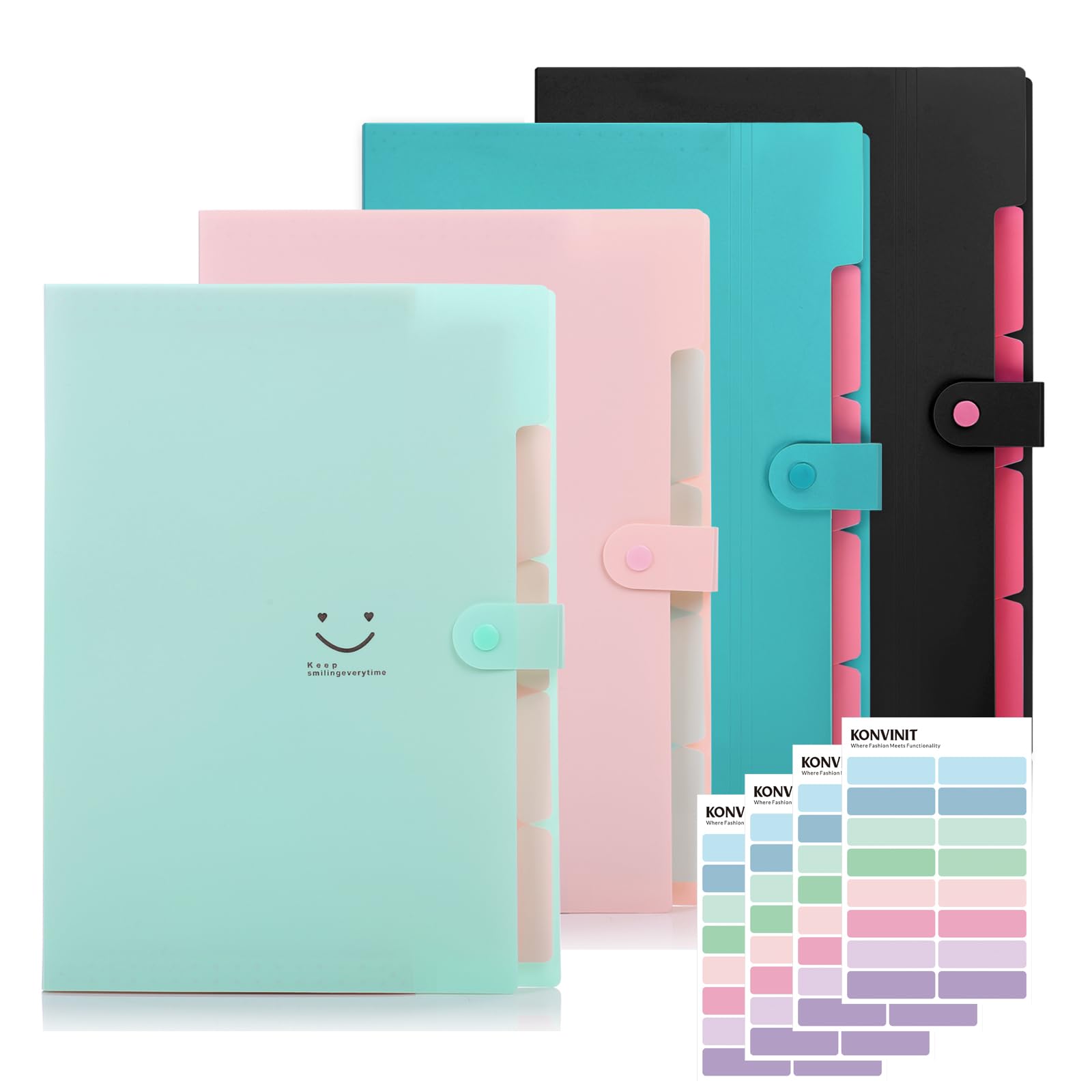 KONVINIT 4 Pack Expanding File Folder A4 File Folder Organiser with 5 Pockets High Capacity Filing Folder with Colored Labels for School Office Home