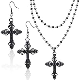 AGNURCADE Gothic Layered Cross Necklace Earrings Black Alloy Acrylic Beaded Pendant Necklaces Choker Chains Goth Jewelry Set for Women Halloween Party Clothing Accessories Gift