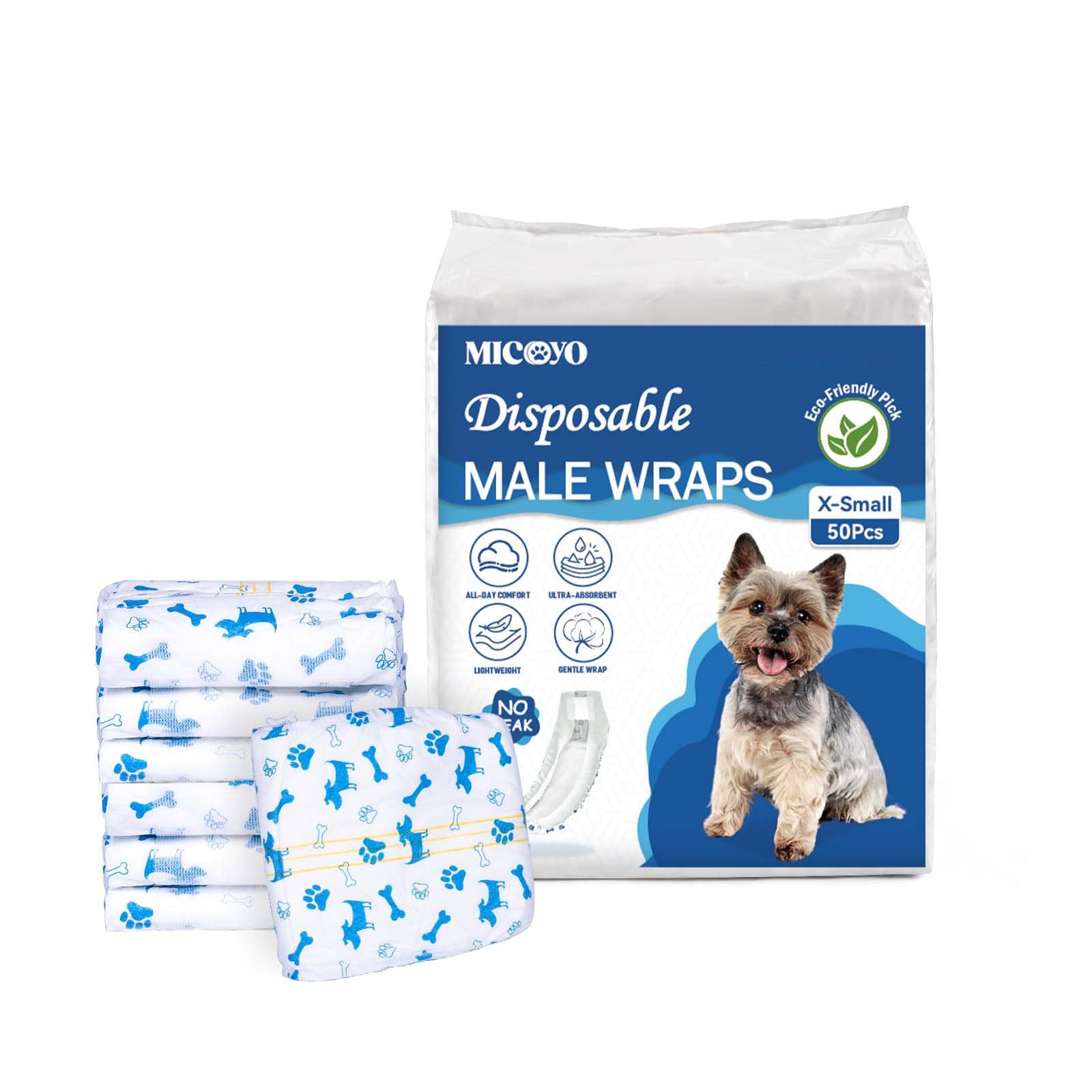 MICOOYO Disposable Dog Nappies Male, Super Absorbent Male Dog Wraps, Doggy Diapers with Wetness Indicator (XS, 50pack)
