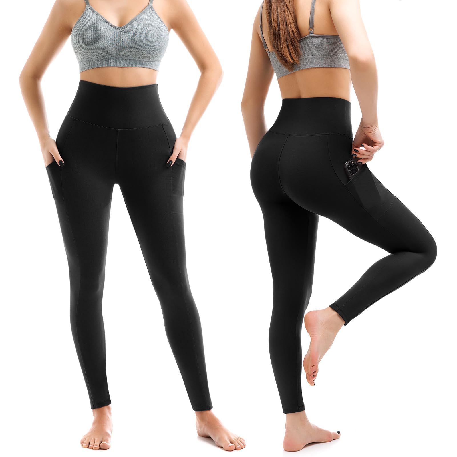 Leafigure 2 Pairs of Women's High-Waist Sports Leggings with Pockets, Opaque, for Gym, Sports, Yoga