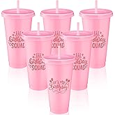 Jingmore Birthday Party Tumblers 24 oz Squad Plastic Tumblers with Lid and Straw for 20th 30th 40th 50th 60th Birthday Decorations Favor for Women Adults(Pink,6 Pcs)