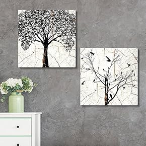 2 Panel Square Canvas Wall Art - Tree Silhouette Wood Effect Canvas - Giclee Print Gallery Wrap Modern Home Art Ready to Hang - 12"x12" x 2 Panels