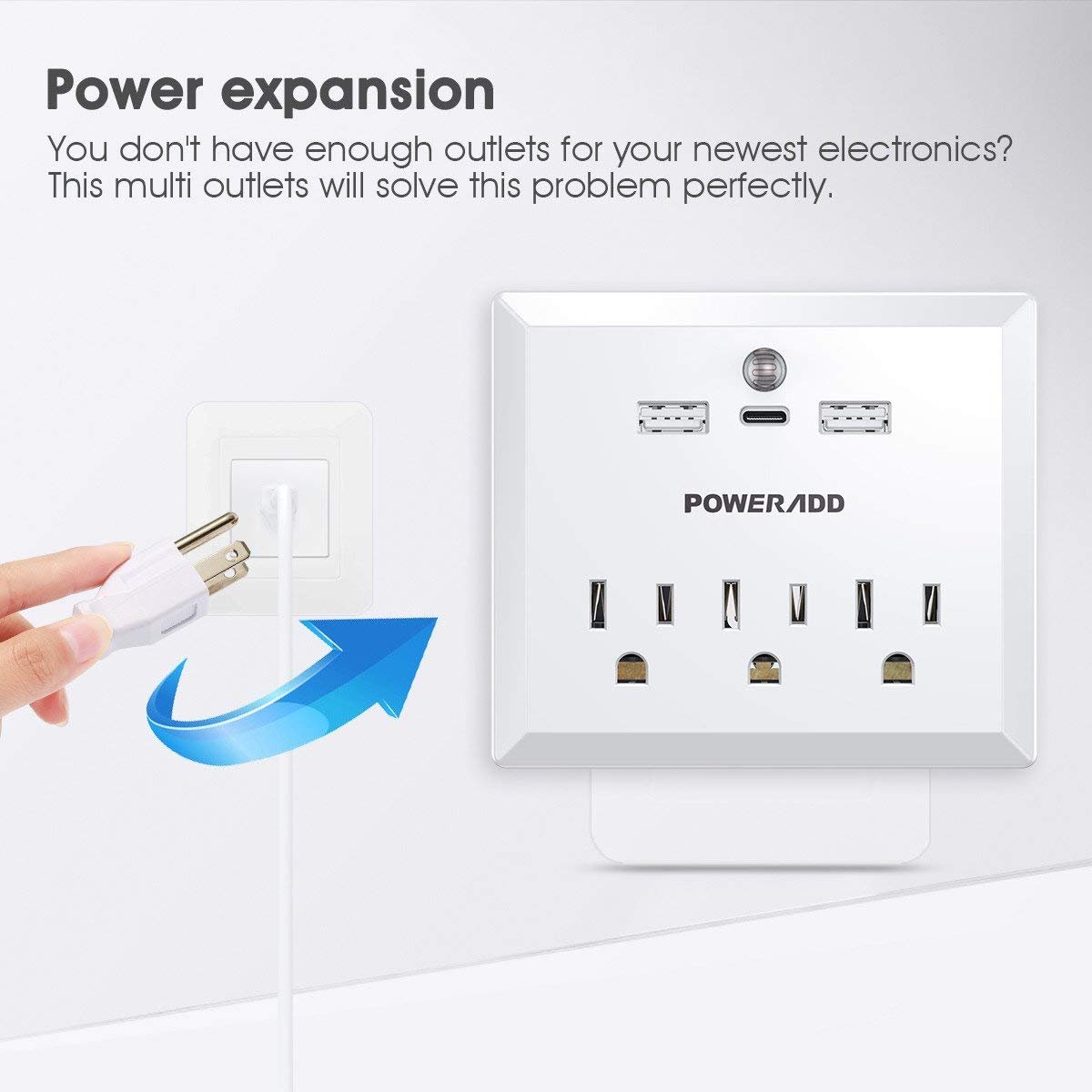 Poweradd Wall Adapter Surge Protector with 3 AC Outlet, 2 USB Charging Ports, a Type-C port, and a Warm White LED Dusk-To-Dawn Night light, White