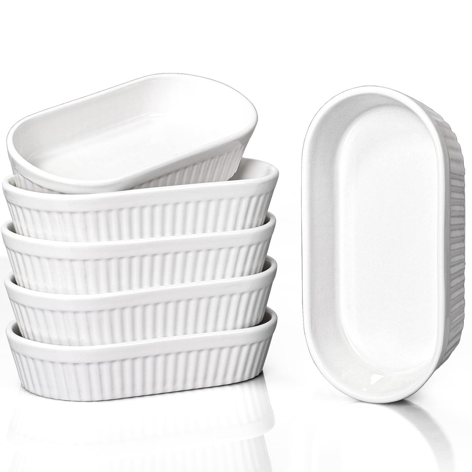Photo 1 of Delling 8 Oz Ramekins - Oval Crème Brulee Ramekins for Baking, Souffle Dishes Oven Safe, Ceramic Dessert Bowls, Set of 6, White