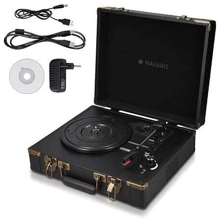 Navaris Retro Koffer Plattenspieler mit Lautsprecher - USB Port zum Digitalisieren - 35,5x11,5x27,5cm - Vintage Schallplatten