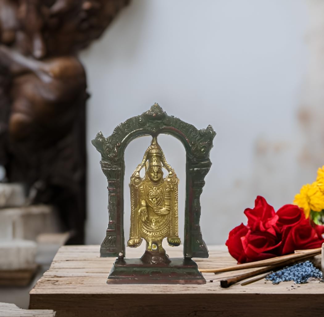 Purpledip Brass Statue Lord Tirupathi Balaji Venkateswara Govinda Srinivasa in Mandapam: Unique Gold Copper Polish Full Idol (12153)