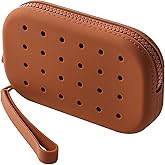 JOVAKIT Small Portable Silicone Makeup Bag for Women with Decorative Holes, Travel Waterproof Toiletry Cosmetic Bag Gifts for Women, Zipper Closure Makeup Case with Handle (Brown)